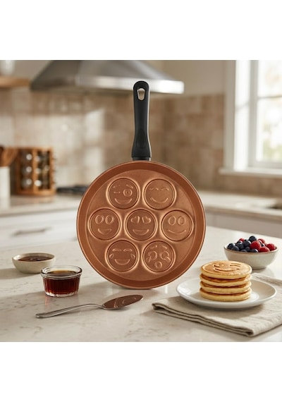 Papilla Redio Emoji Pankek Ve Yumurta Tavası - 7 Bölmeli Gülen Yüz Tasarımlı, Yanmaz Yapışmaz Krep Tavası 28 Cm Bronz Çok Renkli