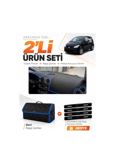 E-biz Mıtsubıshı Colt Çukurlu 2004-2013 Uyumlu Torpido Örtüsü + Deri Çanta - Siyah-mavi - Mı005