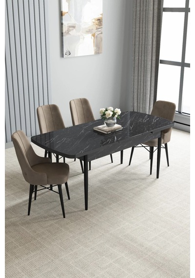 Zümra Serisi, Siyah Mermer Desen 80x132 Açılabilir Mdf Mutfak Masası Takımı 4 Adet Sandalye, Cappucino Zümra Serisi, Siyah Mermer Desen 80x132 Açılabilir Mdf Mutfak Masası Takımı 4 Adet Sandalye, Cappucino