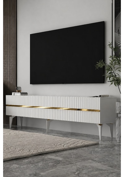 180dhdts5ba Tedy 3 Kapaklı Pleksi Lazer Desen Tv Sehpası Altın - Beyaz