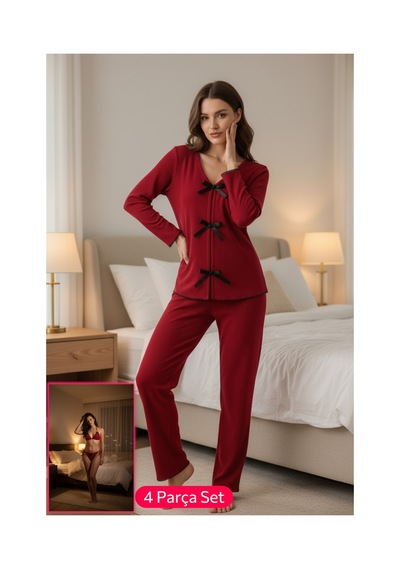 Moda Dua Kadın Bordo Fiyonklu İç Çamaşırı Ve Uzun Kollu V Yaka Pijama Takımı 4'lü Set