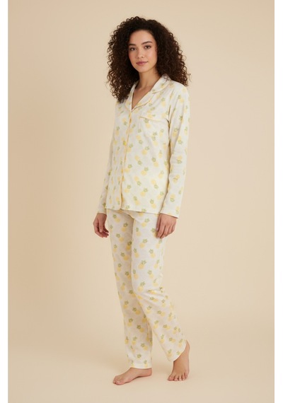 Luxury Viscose Ananas Desenli Kadın Uzun Kollu Pijama Takımı 42571 Sarı