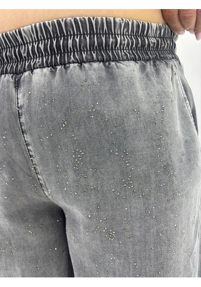 Büyük Beden Denim Beli Latikli Taş Baskılı Balon Kesim Kadın Pantolon Gri