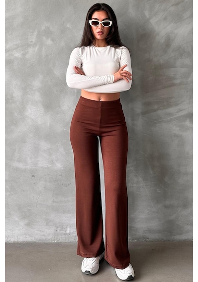 Kahverengi Yüksek Bel Düz Model Kadın İspanyol Paça Tayt Pantolon Mg2288 Kahverengi