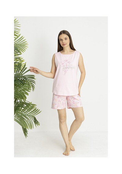 Estiva Kadın Çiçek Alt Desenli Pembe Kolsuz Şortlu Penye Lycra Pijama Takımı Çok renkli