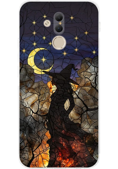 Printify Huawei Mate 20 Lite İle Uyumlu Vitray Cadı Saati Tasarımlı Şeffaf Silikon Kılıf Şeffaf