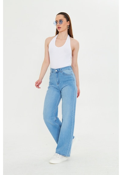 Kutaf Buz Mavi Beş Cepli Palazzo Denim Pantolon Bebe Mavisi