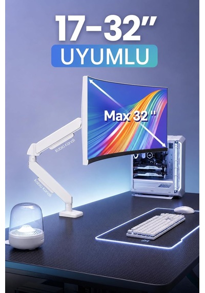 Tek Kollu Monitör Kolu Vesa Uyumlu Hareket Ayarlanabilir Monitör Standı 17-32 9kg Kapasite Beyaz