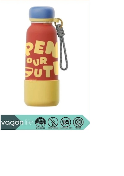 Vagonlife Vagonlıfe 550 Ml Çelik Termos Matara 6 Saat Sıcak Soğuk Plastik Korumalı Sızmaz Koku Yapmaz Kırmızı - Sarı