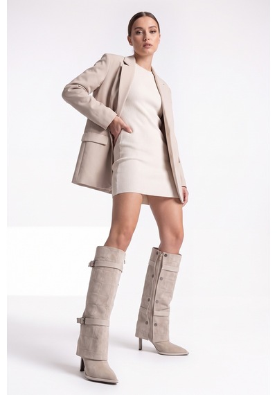 Luvi Shoes Pıen Bej Süet Baskı Sivri Burun Kadın İnce Topuklu Çizme