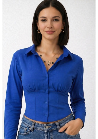 Trend Alisse Kadın Saks Mavi Vucuda Oturan Beli Lastikli Korse Crop Gömlek