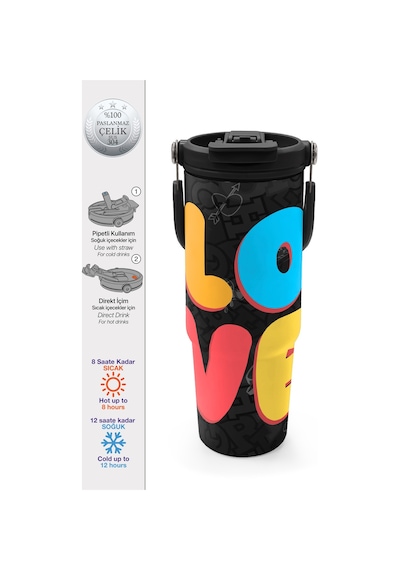 Coral High Renkli Love Desenli Pipetli Ve Direkt İçim Çelik Termos 900 Ml 38706 Siyah
