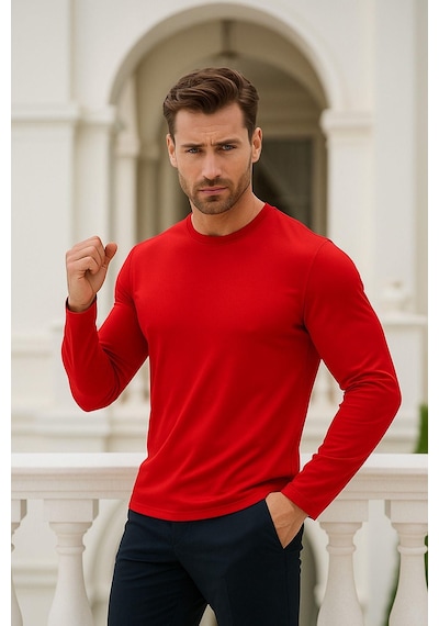 Rich Erkek Uzun Kollu Bisiklet Yaka Tişört - %100 Pamuk Basic Relaxed T-shirt Kirmizi