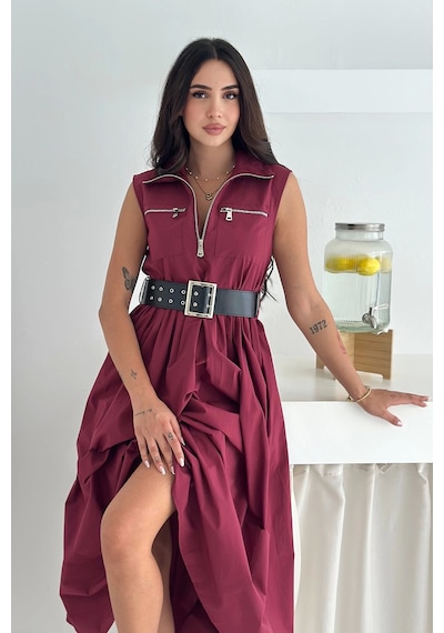 Asprin Fashion Paraşüt Kumaş Kemerli Elbise Bordo Bordo