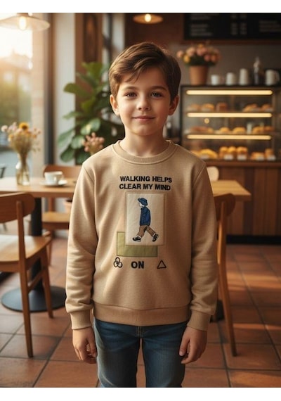 Zekids Erkek Çocuk Pamuklu Clear My Mind Yazılı Batik Desenli Sweatshirt-16333 Bej