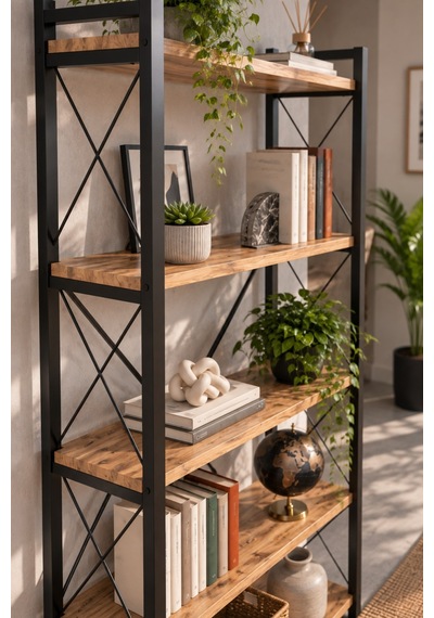 Sulorahome 5 Raflı Metal Kitaplık Ceviz Desenli 180 Cm