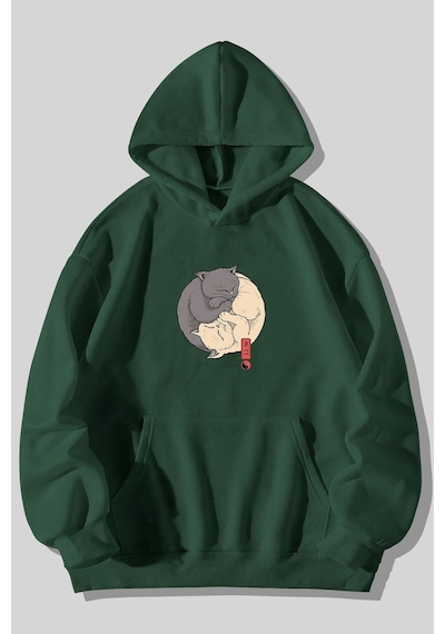 Ying Yang Kedi Baskılı Unisex Yeşil Kanguru Cepli Kapüşonlu Sweatshirt Hoodie Yeşil