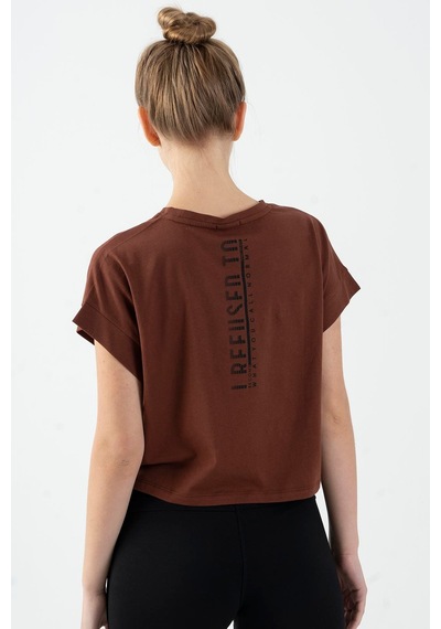 Maraton Sportswear Comfort Kadın Bisiklet Yaka Kısa Kol Basic Kahverengi Crop Top 20856 Kahverengi