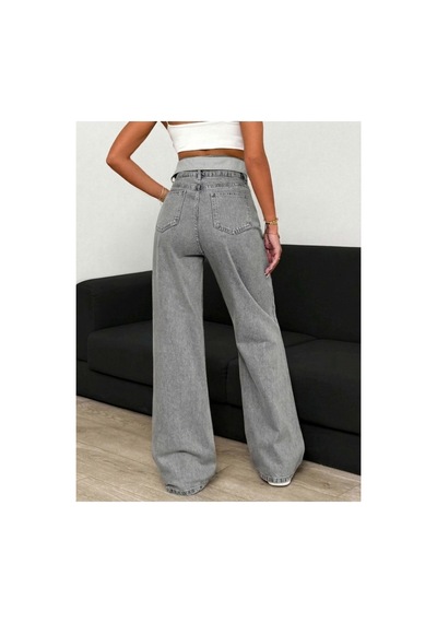 Kene Jeans Yüksek Bel Gri Kar Kemer Yakalı Bol Paça Jeans Gri Kar