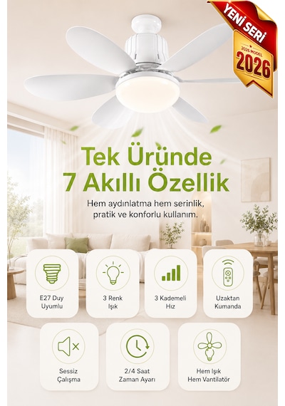 Goes Tavan Vantilatörü Led Işık 3 Kademe Hız Modu Sessiz 52 Cm Çap 6 Kanat Kumandalı Vantilatör