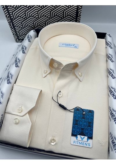 Slim Fit Uzun Kol Pamuklu Hediye Kutulu Kolay Ütülenebilir Erkek Gömlek Fs-002225 - Krem-3167