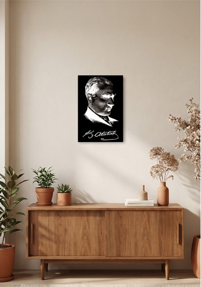 Atatürk İmzalı Siyah Beyaz Dekoratif Tablo Ahşap & Metal Duvar Tablosu Modern & Minimal Tasarım