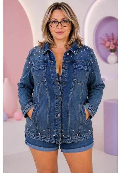 Büyük Beden Yakalı Taş Detaylı Cepli Kadın Denim Ceket Mavi