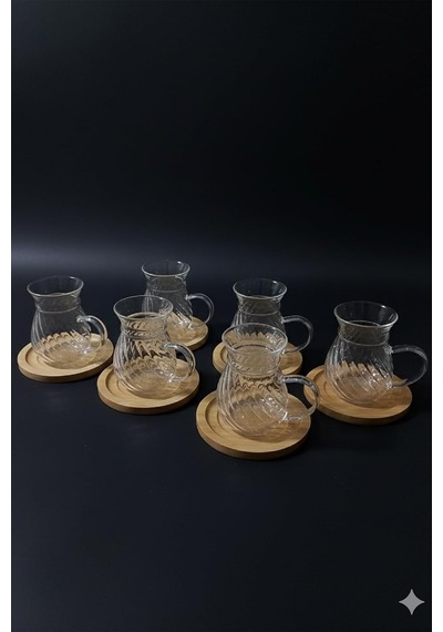 Lunero Borosilikat Cam 6'li Çay Bardağı Seti Bambu Tabanlı Çizgili 200 Ml Çok Renkli