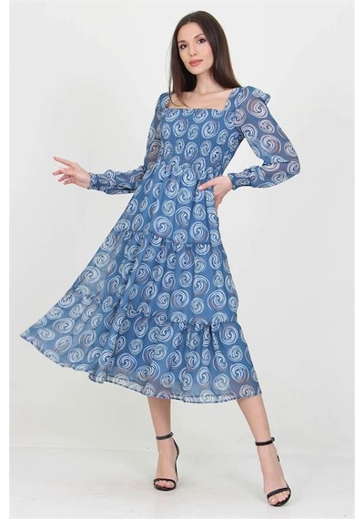 Neşeli Butik Kadın İndigo Gipeli Kare Yaka Desenli Şifon Elbise Nb100361 Indigo