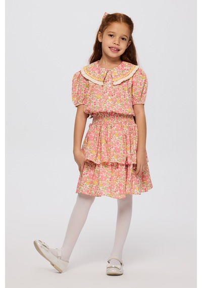 Panço Liberty Kumaş Çiçek Desenli Kız Çocuk Gömlek Pembe