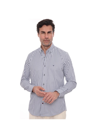 Slim Fit Uzun Kol Likralı Çizgili Yaka Düğmeli Hediye Kutulu Erkek Gömlek Fs-003669 - Lacivert-2434