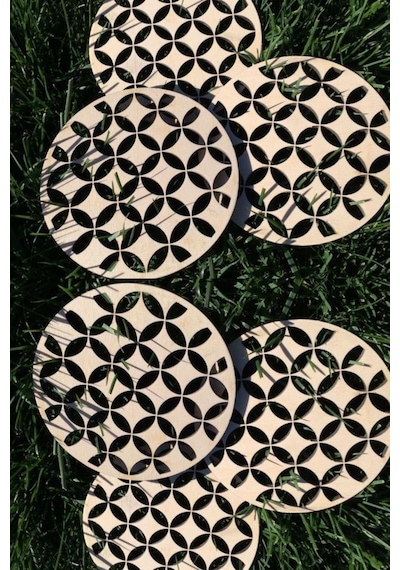 Ahşap Bardak Altlığı 6'lı Set Otantik Desenli Bardak Altlığı Bej