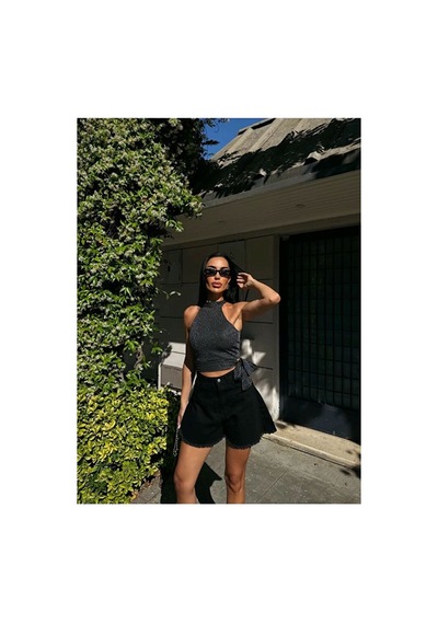 Nido Moda Kadın Çizgili Halter Yaka Bluz - Yan Bağlamalı Simli Crop Top Siyah