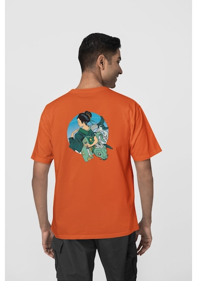Geyşa Koi Ön-arka Baskılı %100 Pamuk Beyaz Kadın/erkek Unisex Rahat Kalıp Oversize T-shirt Turuncu