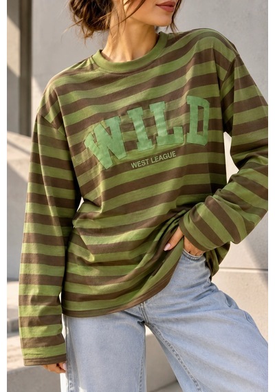 Bbbutikbasic Wild Baskılı Çizgili Uzun Kollu Kadın Sweatshirt My3535 Yeşil