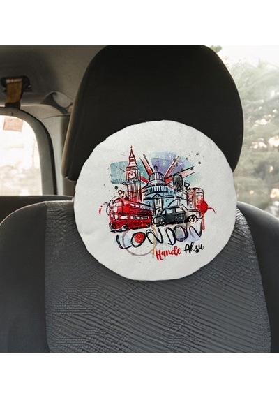 Bk Gift Kişiye Özel İsimli London Tasarımlı Yuvarlak Araç Koltuk Yastığı-1