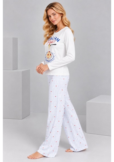 Pijamask Kadın Italian Pasta Baskılı Mavi Çizgili Bol Paça Pamuklu Pijama Takımı Beyaz