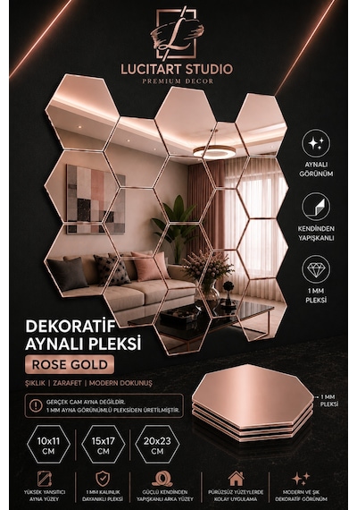 Lucitart Aynalı Pleksi Petek Duvar Dekoru Kendinden Yapışkanlı Dekoratif Altıgen Ayna Tekli 9 Renk 10x11 - 15x17 - 20x23 Cm Rose Gold