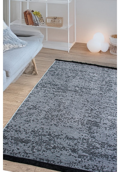 Gri Şönil Kilim Saçaklı Tozumayan Makinede Yıkanabilir Kaymaz Taban Halı Yolluk