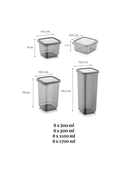 Meleni Home 32'li Etiketli Kapaklı Kare Erzak Saklama Kabı Seti 8x 0,3 Lt-0,5 Lt-1,1 Lt-1,7 Lt Baharatlık