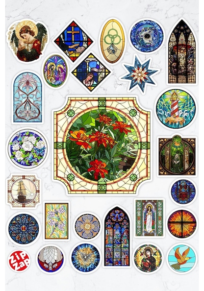 Vitray Stained Glass Temalı Telefon Laptop Bullet Journal Yapışkanlı Folyo Sticker Paketi 25 Adet Çok Renkli