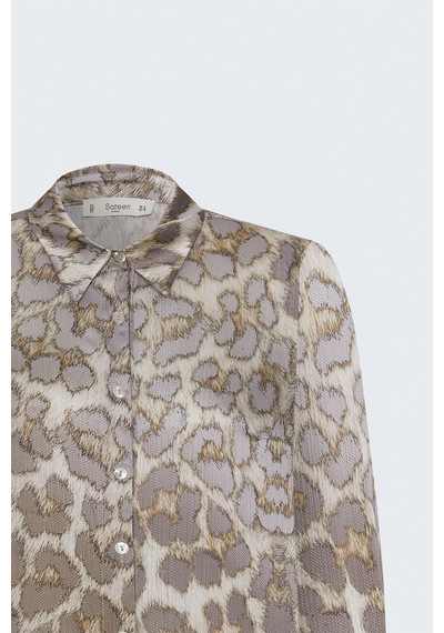 Sateen Leopar Desenli Klasik Gömlek - Bej-137840