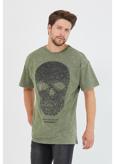Erkek Parça Boya Baskılı Oversize Basic T-shirt Haki