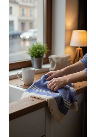 Pamuklu , Püsküllü , Yüksek Emiş Güçlü El Ve Kurulama Bezi Mutfak Havlusu 30 X 50 Cm - Mavi Mavi