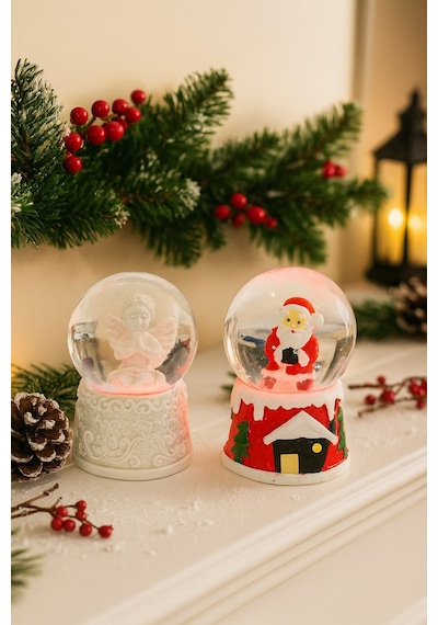 Ev Dekoru Yeni Yıl Huzuru Işıklı Santa Melek Figürlü Ve Noel Baba Temalı Kar Küresi 2'li Seti 6.5 Cm Çok Renkli