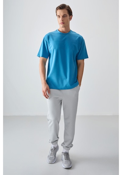 Air Jones Tommy Life Petrol Mavi Pamuklu Kalın Yumuşak Dokulu Oversize Fit Basic Erkek T-shirt - 88378 Petrol Mavi