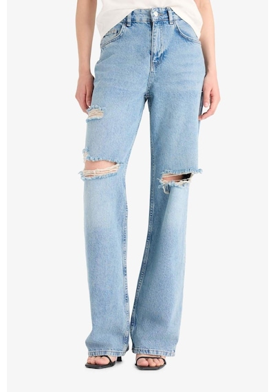 Defacto Straight Wide Yırtık Detaylı Yüksek Bel Uzun Jean Yıkamalı Pantolon E8016ax25smnm28 Mavi