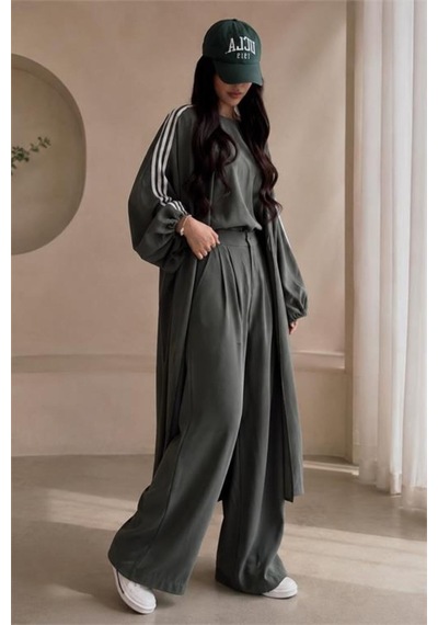 Neşeli Butik Kadın Haki Şerit Detaylı Oversize Tunik Pantolon İkili Tesettür Takım Nms102