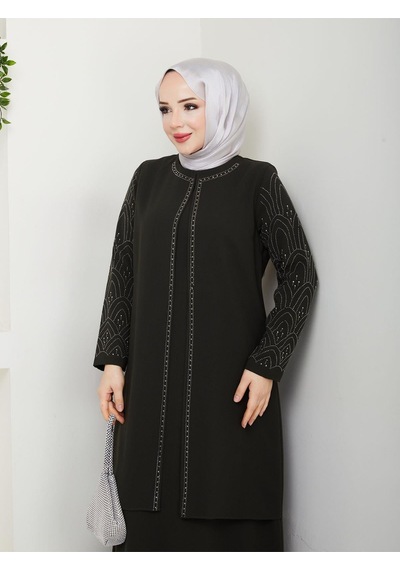 Eslemnur Kolları Taşlı Büyük Beden Anne Elbisesi Haki