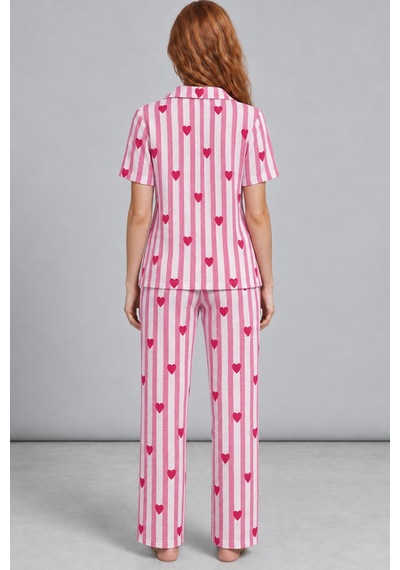 Fit Women Kadın Rahat Kalıp Gömlek Yaka Pembe Kalpli Pijama Takımı 4769